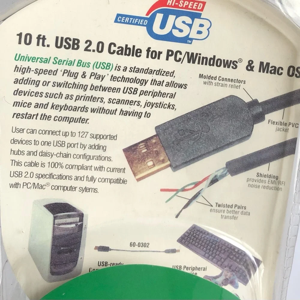 Computer 10ft USB 2.0 Cable - Black for PC Windows & Mac OS.